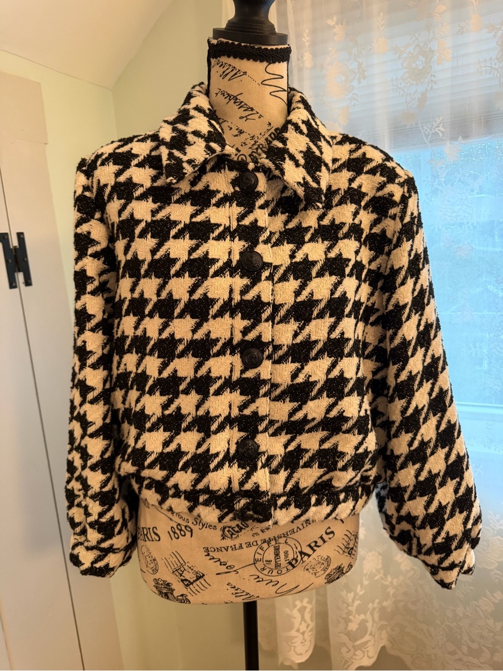 L’Agence Houndstooth Cropped Button-Down Shirt Jacket - Black & White